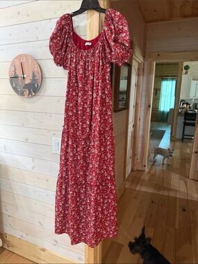 Red Floral Maxi Dress with Puff Sleeves